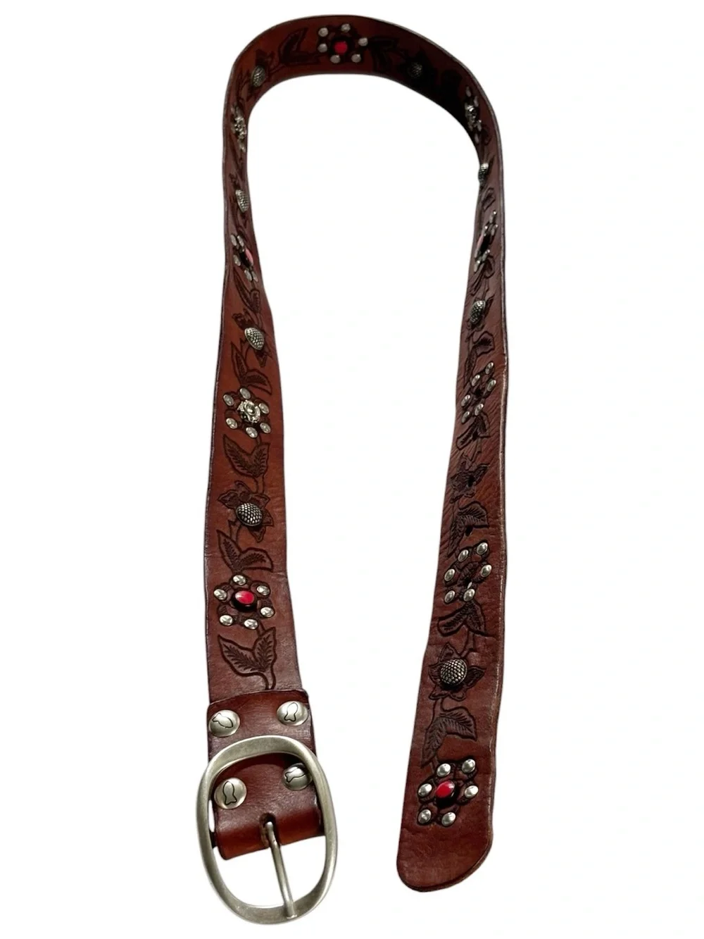 Campomaggi Iperico Cognac-coloured leather belt w/ metallic studs floral motif